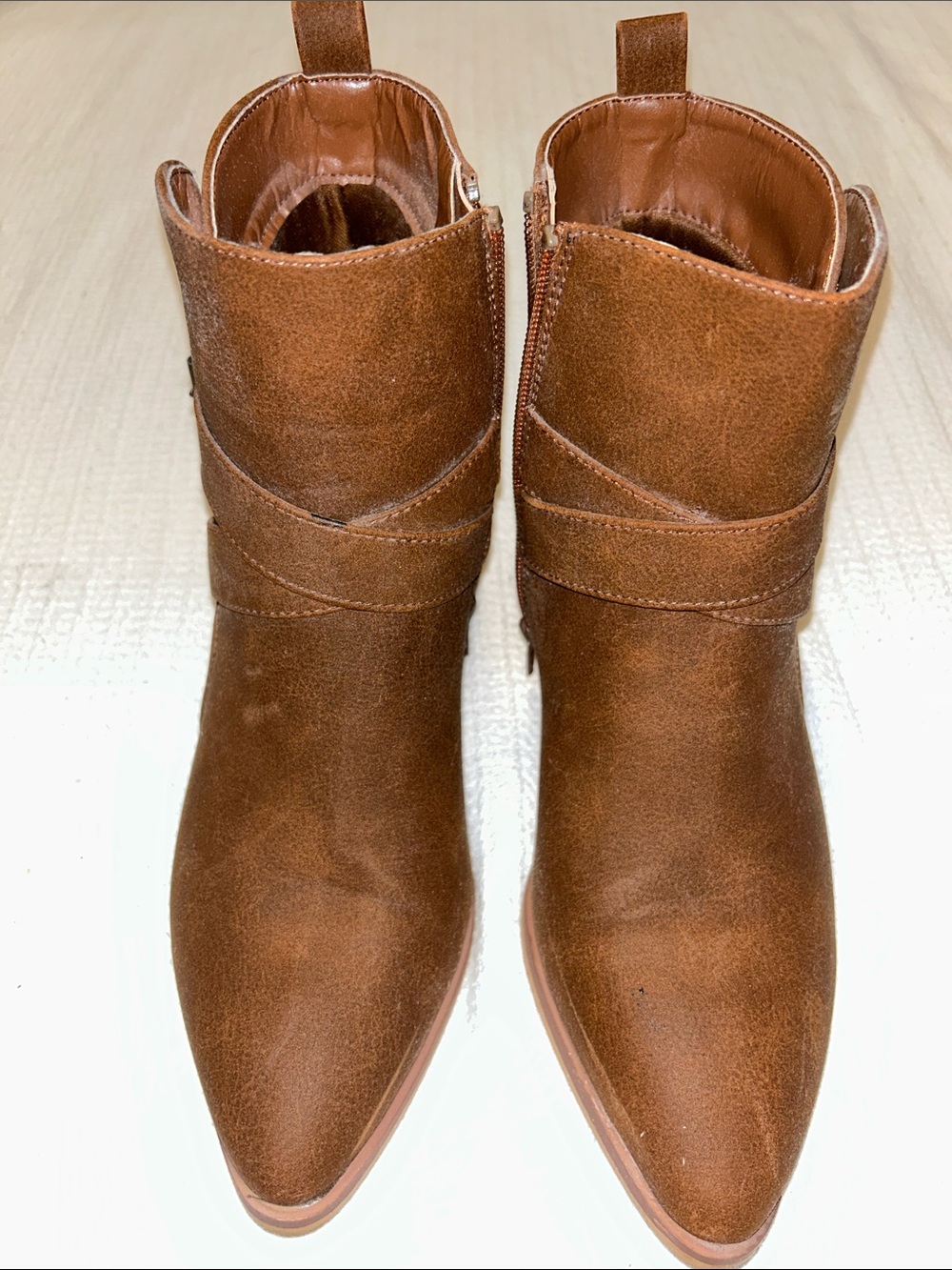 Maurices Tan Pointed Toe Ankle Booties with Wrap Strap